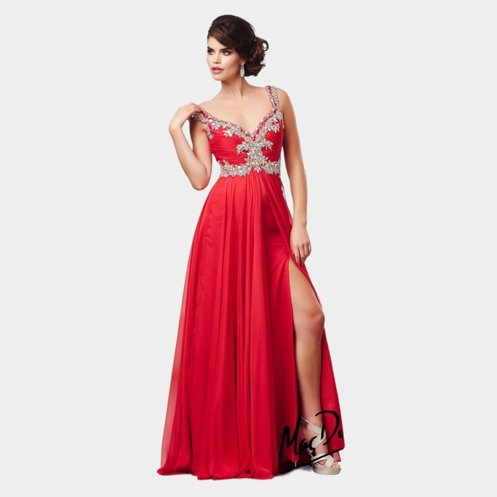 Mac Duggal Beaded Trim Chiffon A-Line Prom Dress Pageant Wear Evening Gown